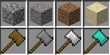 Hammer breaking blocks into Gravel, Dirt, and Sand